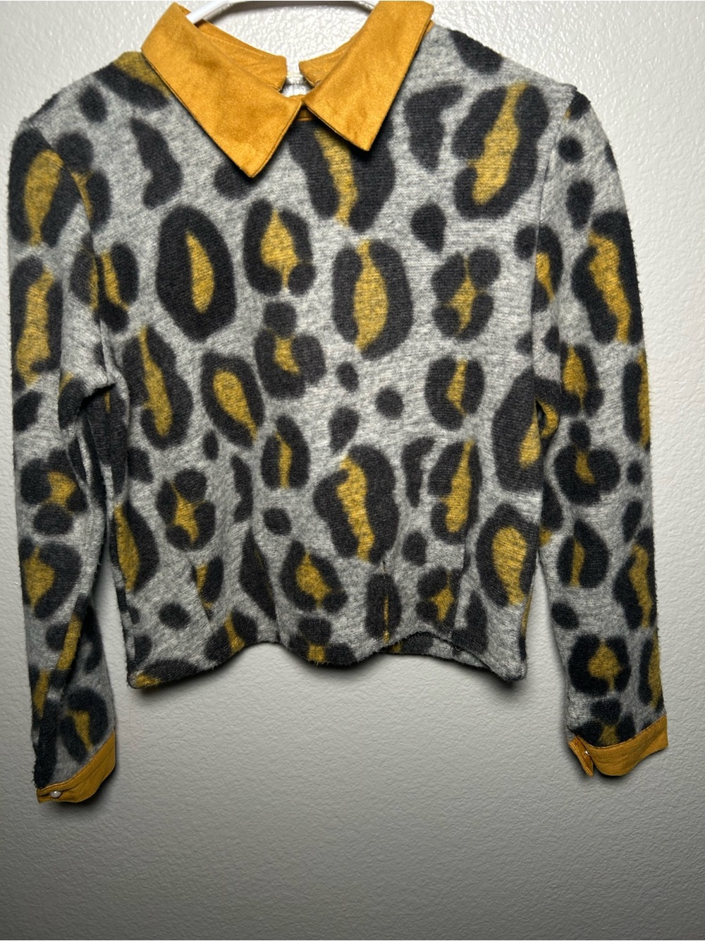 Gray & Mustard Animal Print Crewneck Sweater with Mustard Collar